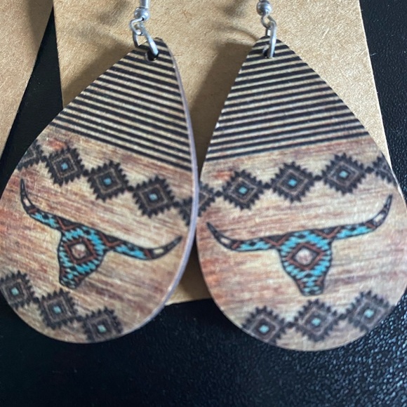 2 Pair Western Boho Teardrop Earrings with Turquoise and Brown Accents Cowgirl - Picture 7 of 11